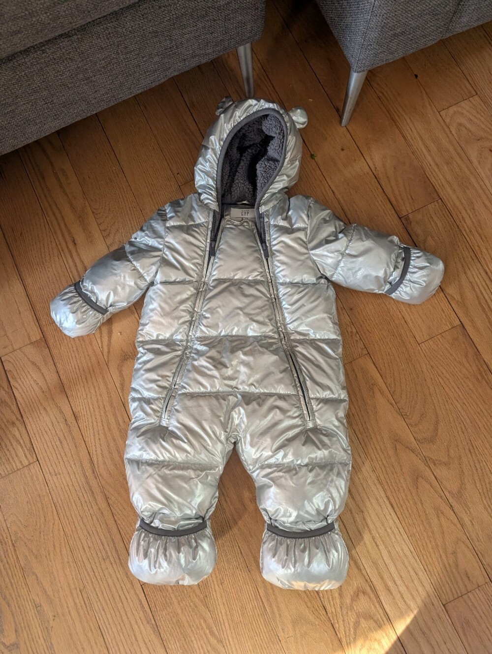 Metallic Silver Baby Snowsuit with Hood 6-12m